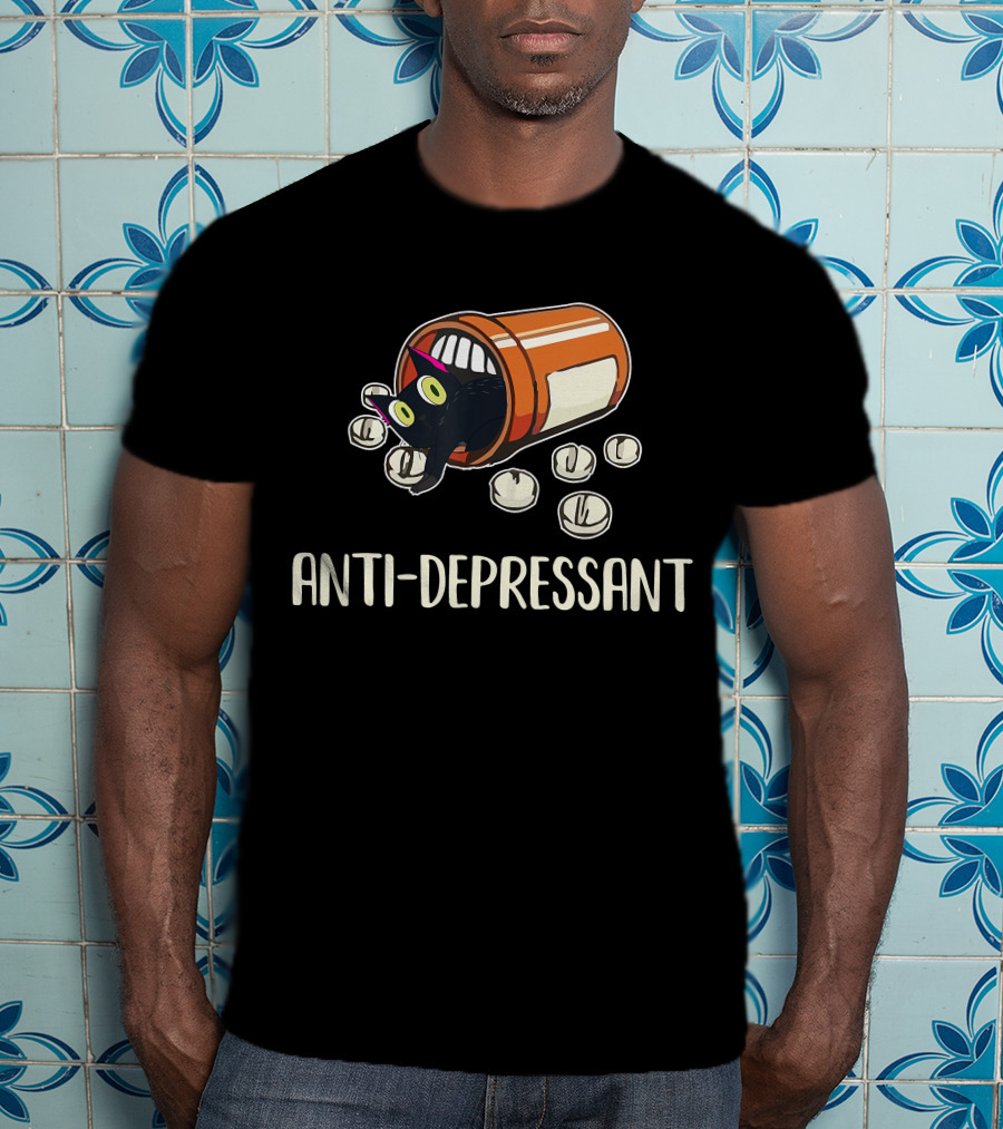 Anti-Depressant Funny Black Cat In Pill Bottle T-Shirt