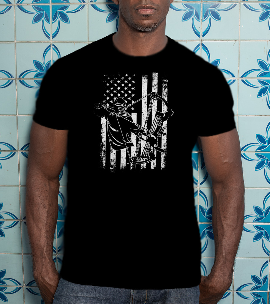 American Flag Archery Bow Hunting Compound Bow Hunter T-Shirt