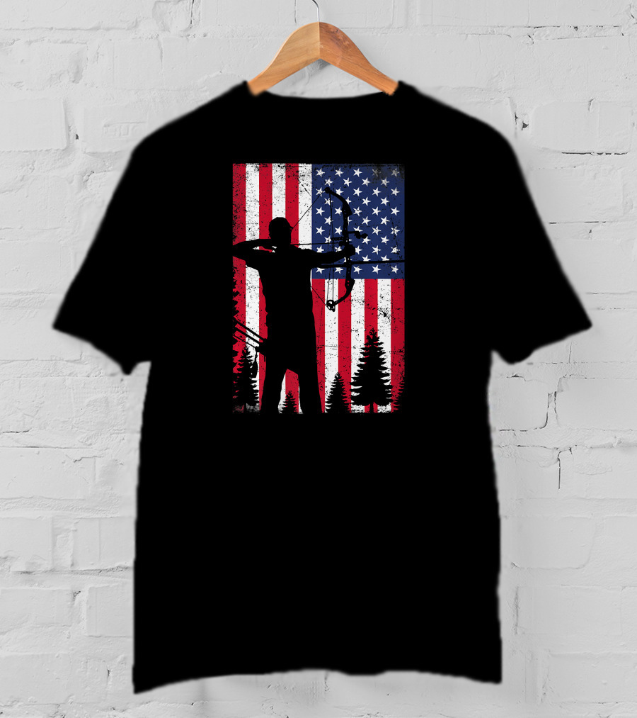 American Archery Bow Hunting Bow Hunter Silhouette USA Flag Background T-Shirt