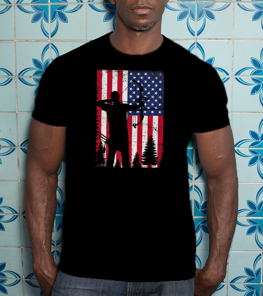 American Archery Bow Hunting Bow Hunter Silhouette USA Flag Background T-Shirt
