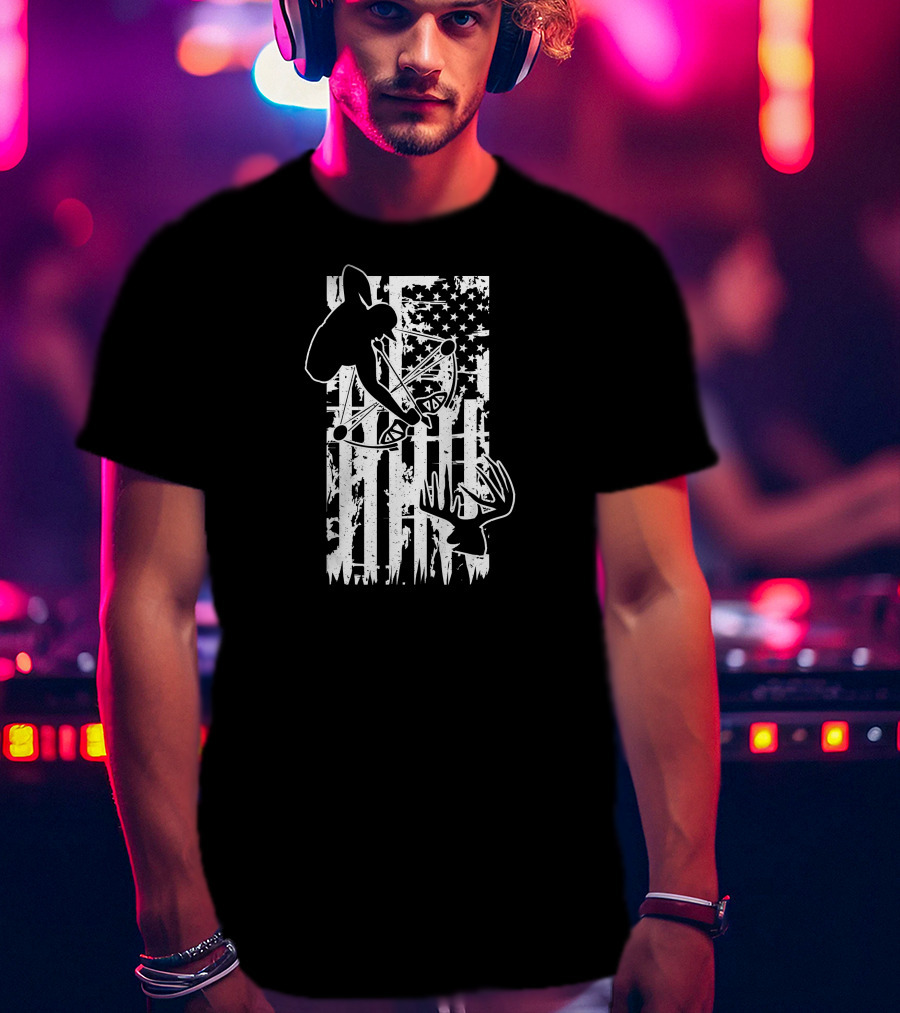 Archery Hunting Bow Deer Silhouette American Flag T-Shirt