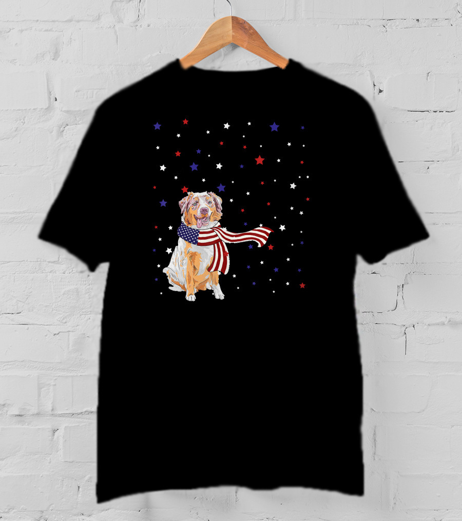 Australian Shepherd Dog With American Flag Scarf Surrounded By Stars T-Shirt
