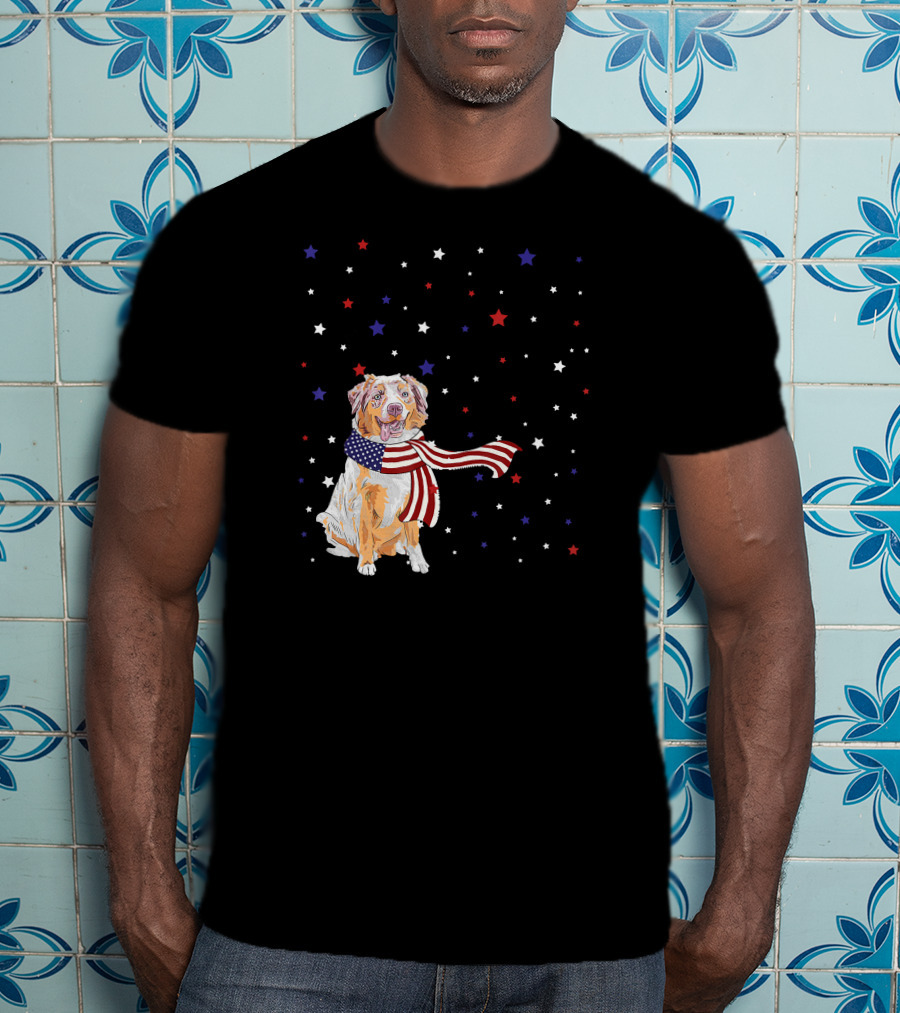 Australian Shepherd Dog With American Flag Scarf Surrounded By Stars T-Shirt