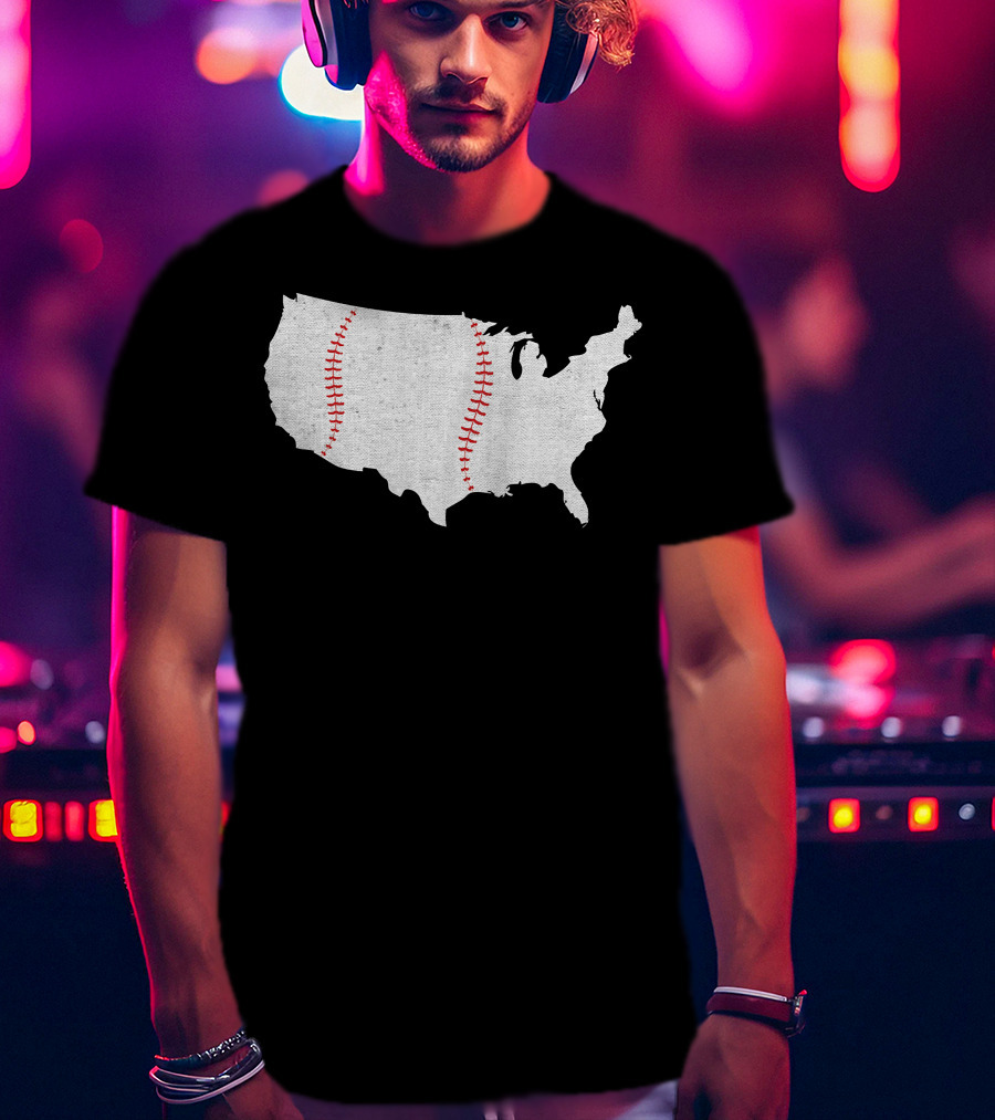 Baseball America's Pastime USA Map Stitching T-Shirt