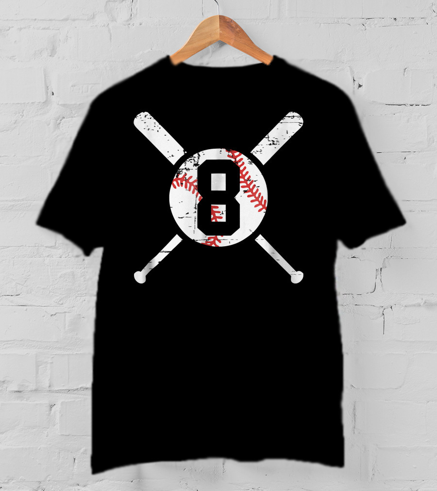 Baseball Number 8 Eight Distressed Crossed Bats T-Shirt