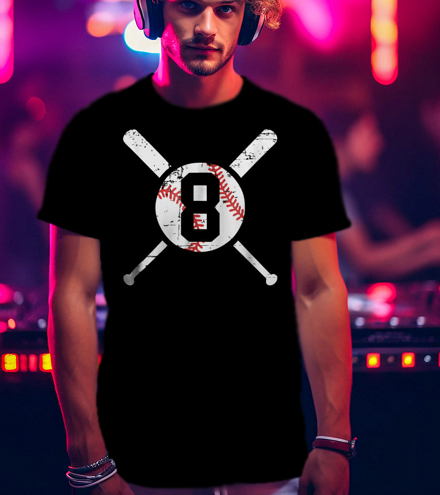 Baseball Number 8 Eight Distressed Crossed Bats T-Shirt
