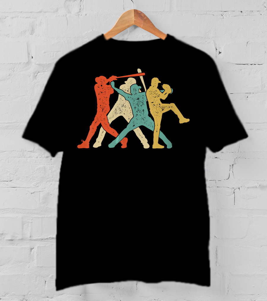 Baseball Retro Vintage Catch Player Silhouettes Batter Pitcher Action Runners T-Shirt