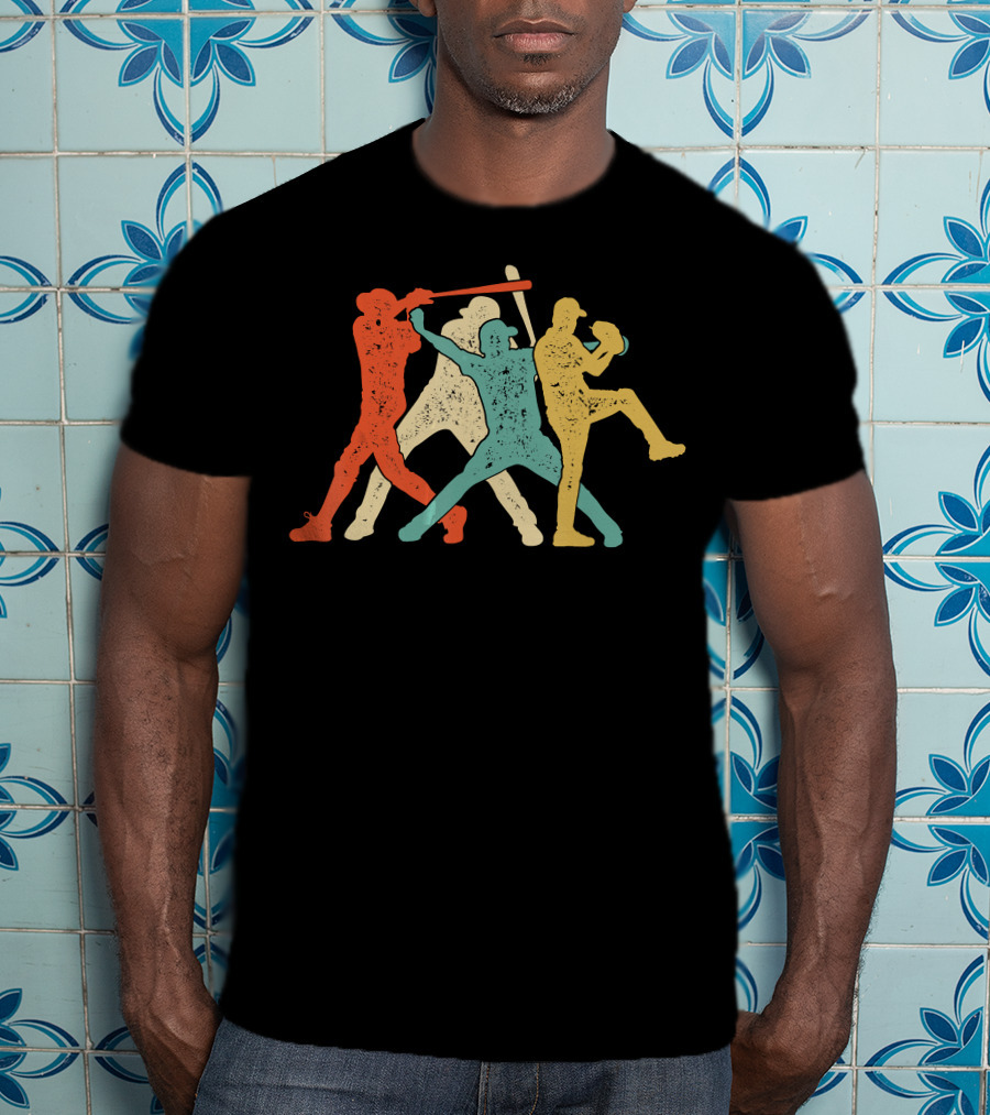 Baseball Retro Vintage Catch Player Silhouettes Batter Pitcher Action Runners T-Shirt