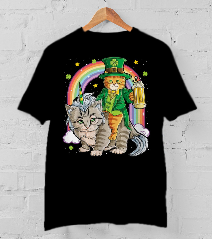 St. Patrick's Day Cat Riding Unicorn With Rainbow And Beer T-Shirt
