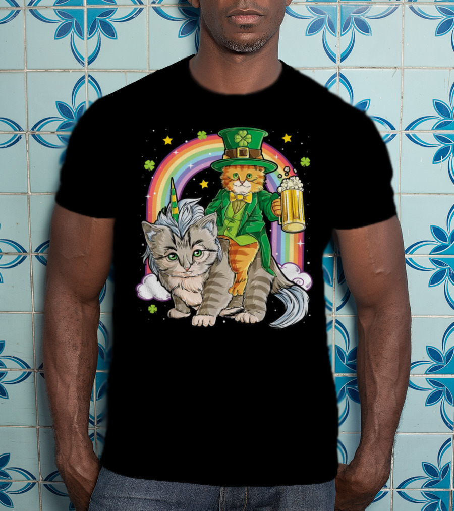 St. Patrick's Day Cat Riding Unicorn With Rainbow And Beer T-Shirt