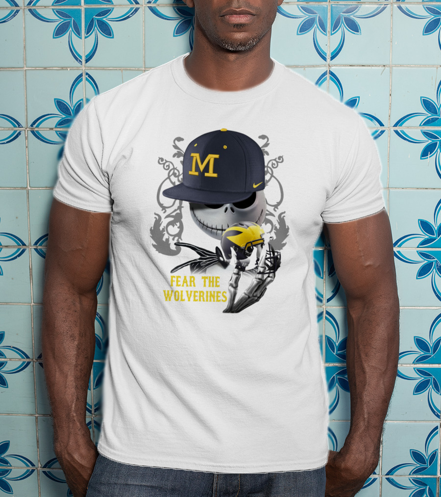 Fear The Wolverines Skellington M Hat Football Helmet T-Shirt