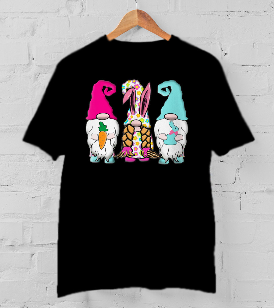 3 Easter Gnomes Pastel Spring Bunny Ears Rabbit Carrot Floral T-Shirt