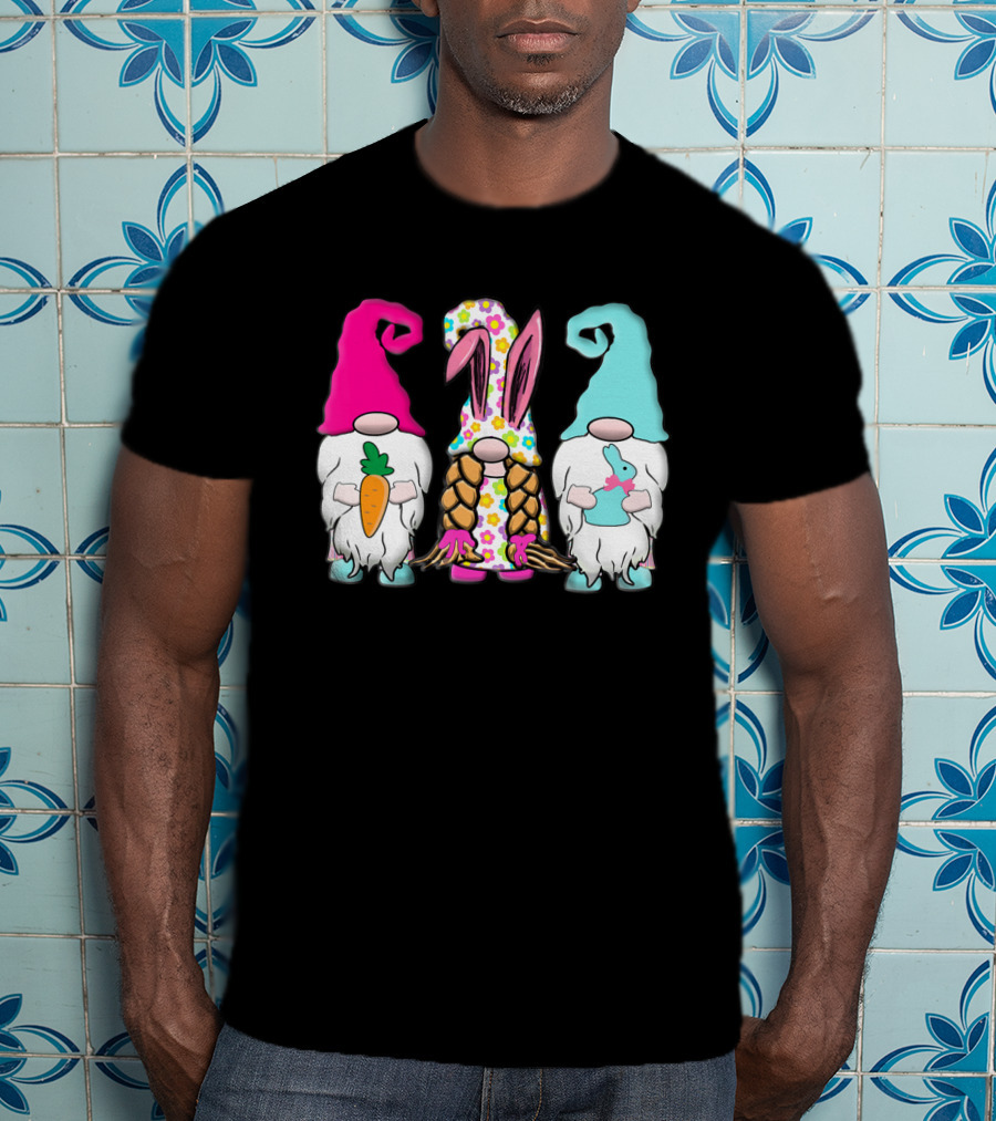 3 Easter Gnomes Pastel Spring Bunny Ears Rabbit Carrot Floral T-Shirt