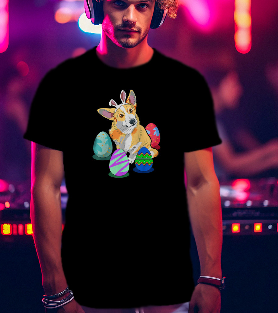 Corgi With Bunny Ears Surrounded By Colorful Easter Eggs T-Shirt