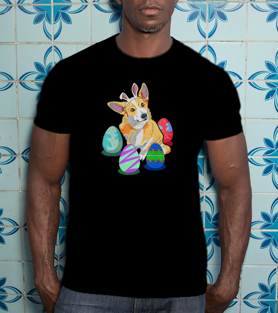 Corgi With Bunny Ears Surrounded By Colorful Easter Eggs T-Shirt