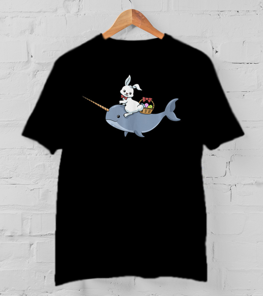 Easter Bunny Rabbit Riding Narwhal With Egg Basket T-Shirt