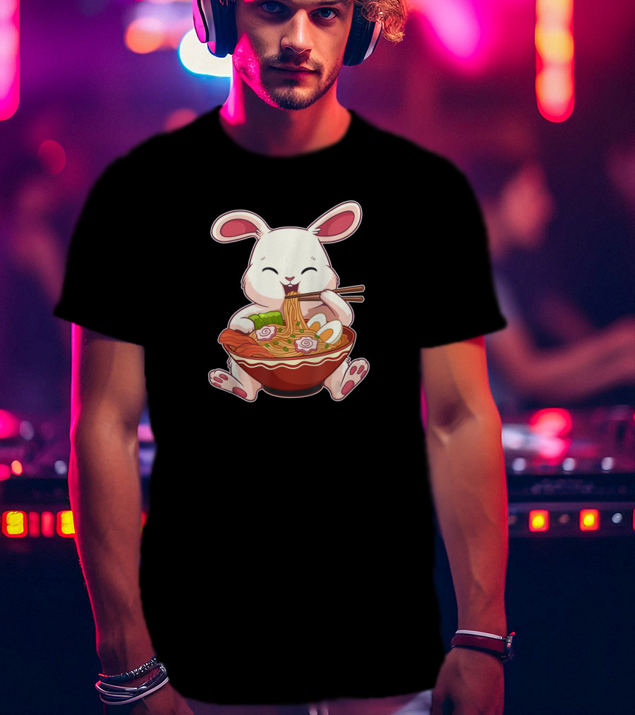Kawaii Japanese Easter Bunny Eating Ramen Noodles With Egg T-Shirt