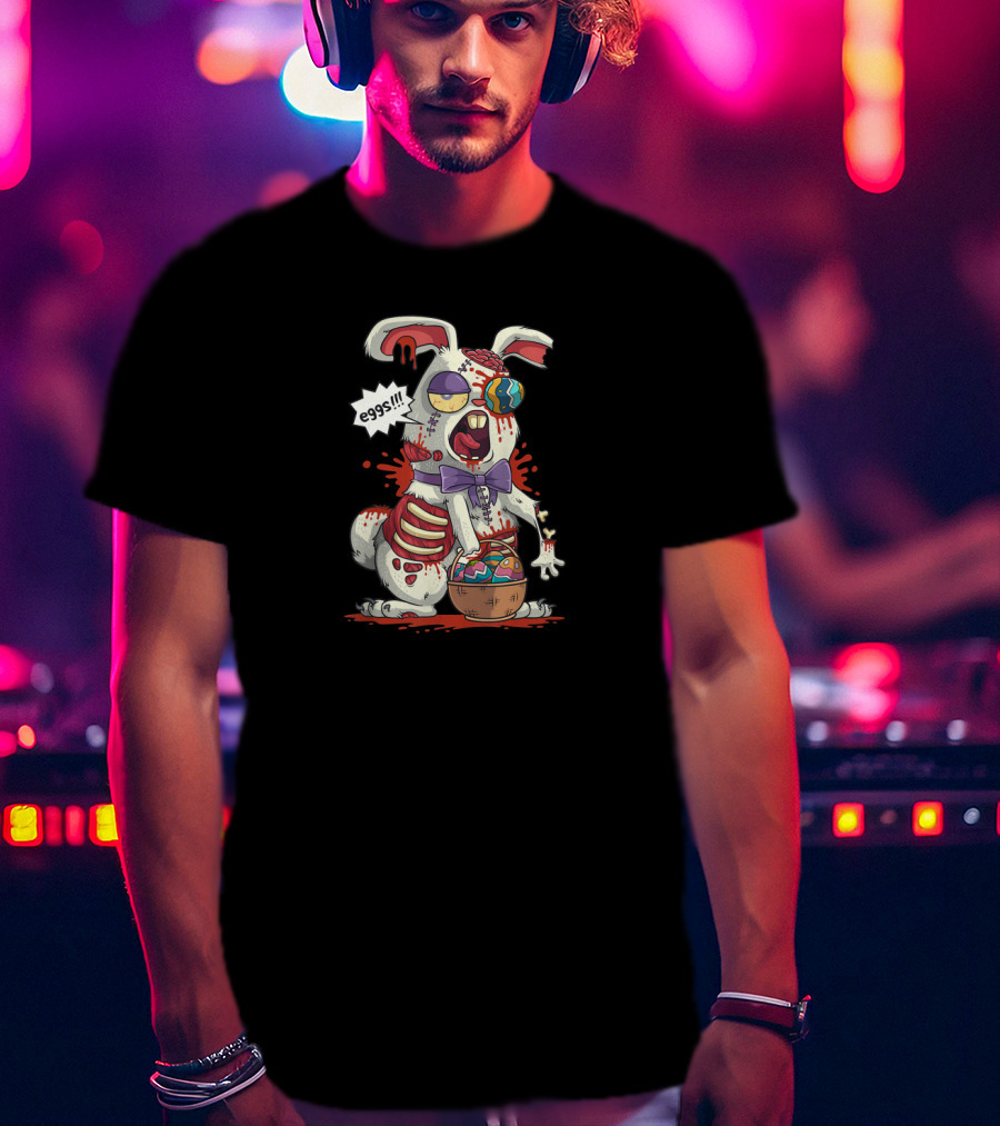 Kawaii Zombie Easter Bunny With Eggs Basket And Purple Bow In Colorful Easter Egg Hunt T-Shirt