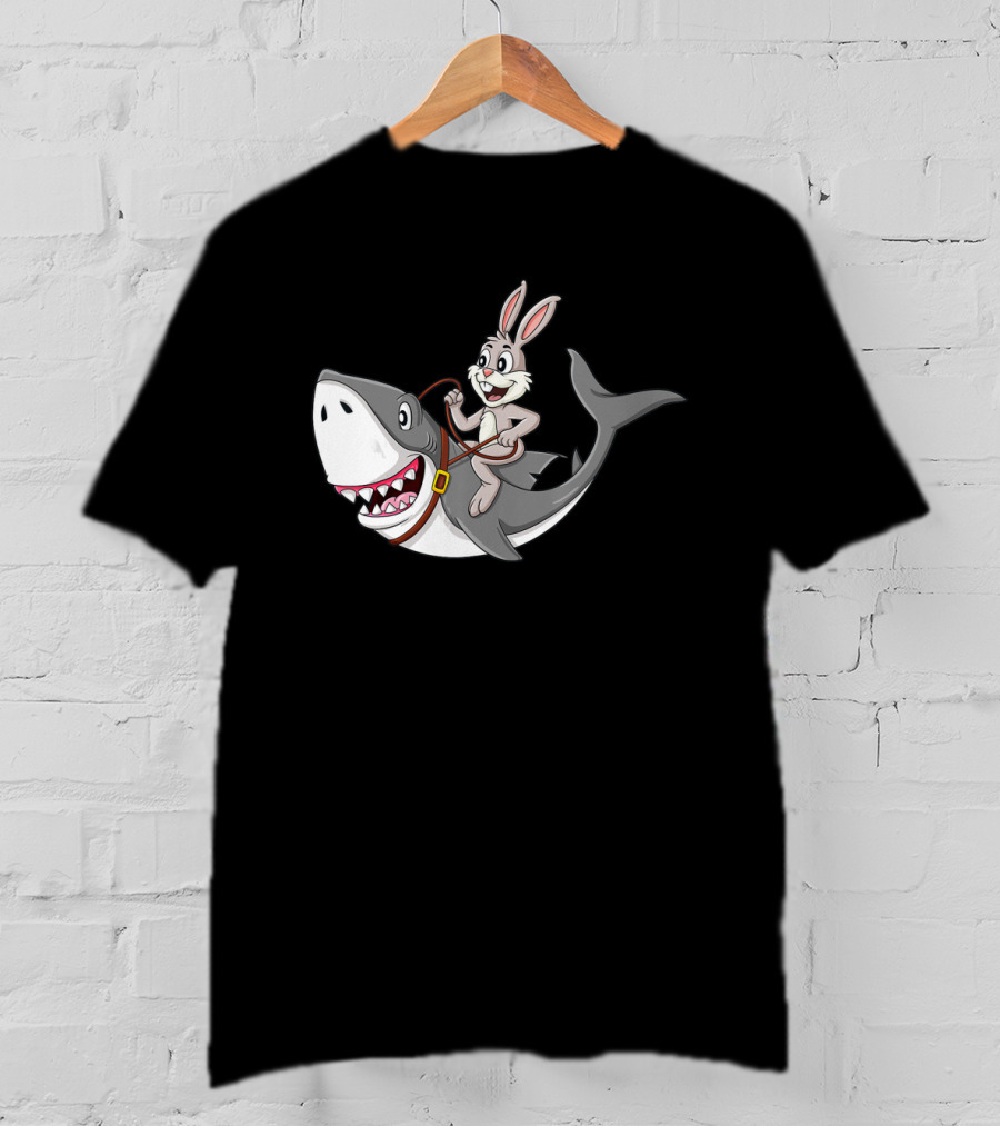 Rabbit Riding Shark Cartoon Easter Humor T-Shirt