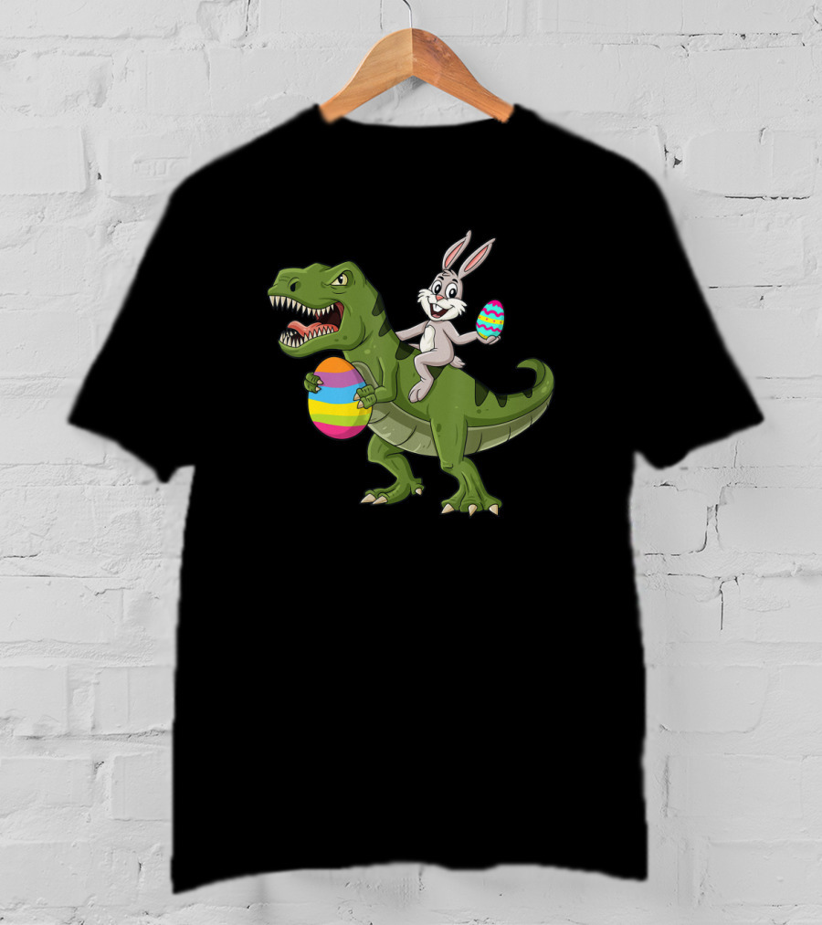Rabbit Riding T-Rex With Colorful Easter Eggs T-Shirt