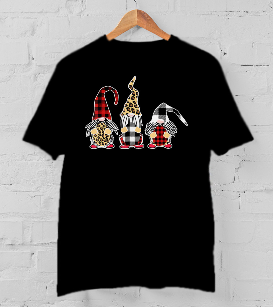 Three Gnomes Holding Patterned Easter Eggs Leopard Plaid T-Shirt