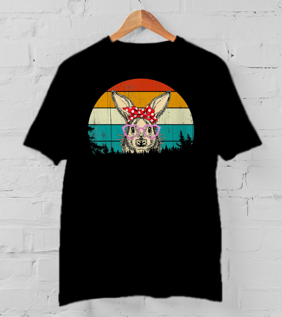 Vintage Bunny Rabbit Pink Glasses Hipster Easter Retro Sunset Bow Tie T-Shirt