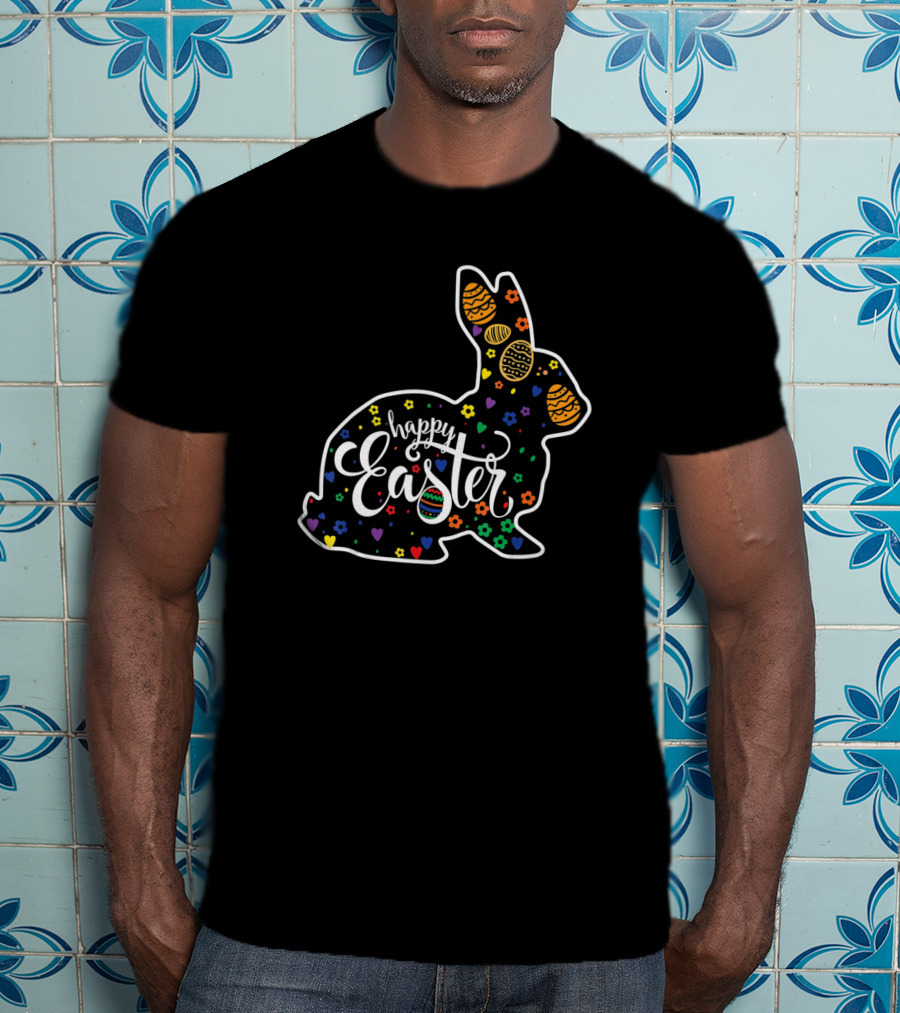 Happy Easter Bunny Rabbit Colorful Eggs And Hearts T-Shirt