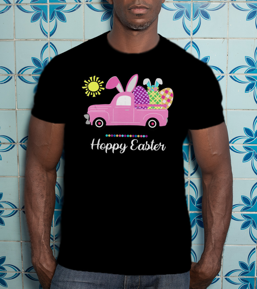 Hoppy Easter Bunny Truck With Eggs And Sun Spring Pun T-Shirt