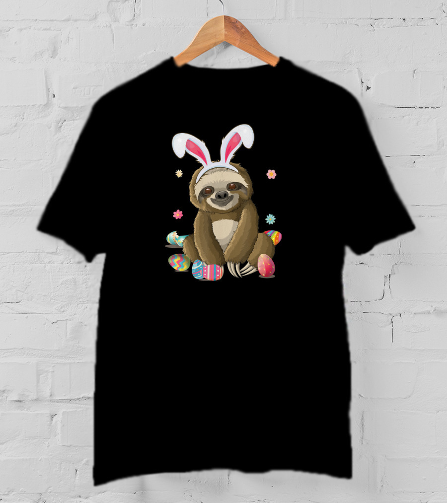 Sloth Bunny Easter Day Egg Hunt With Flowers T-Shirt