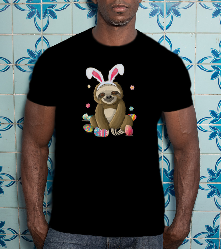 Sloth Bunny Easter Day Egg Hunt With Flowers T-Shirt