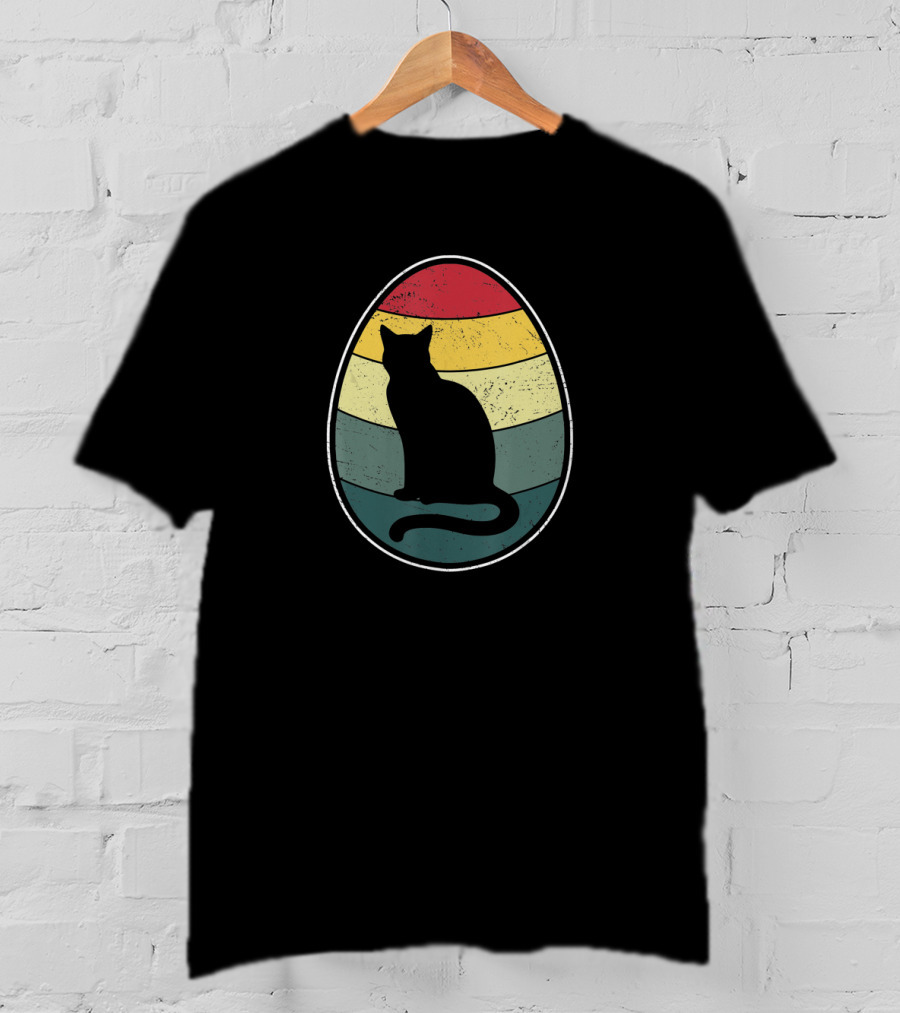 Retro Vintage Cat Silhouette In Colorful Easter Egg Stripes T-Shirt