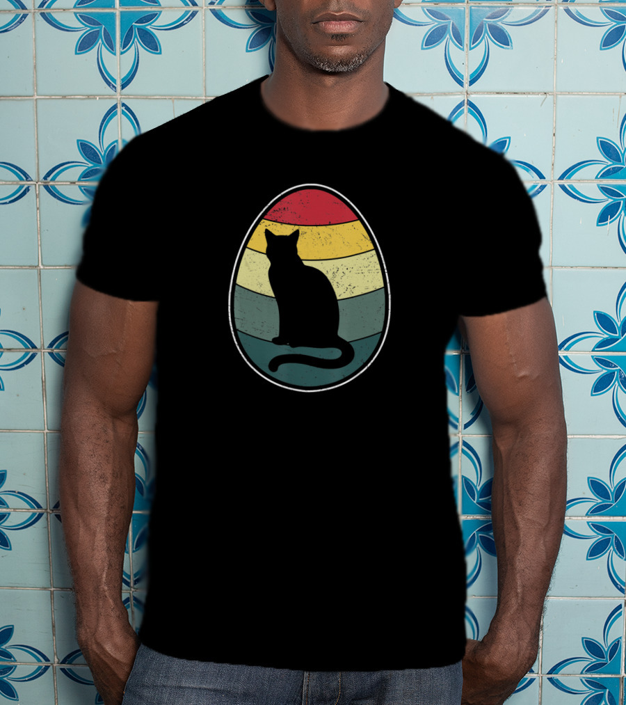 Retro Vintage Cat Silhouette In Colorful Easter Egg Stripes T-Shirt