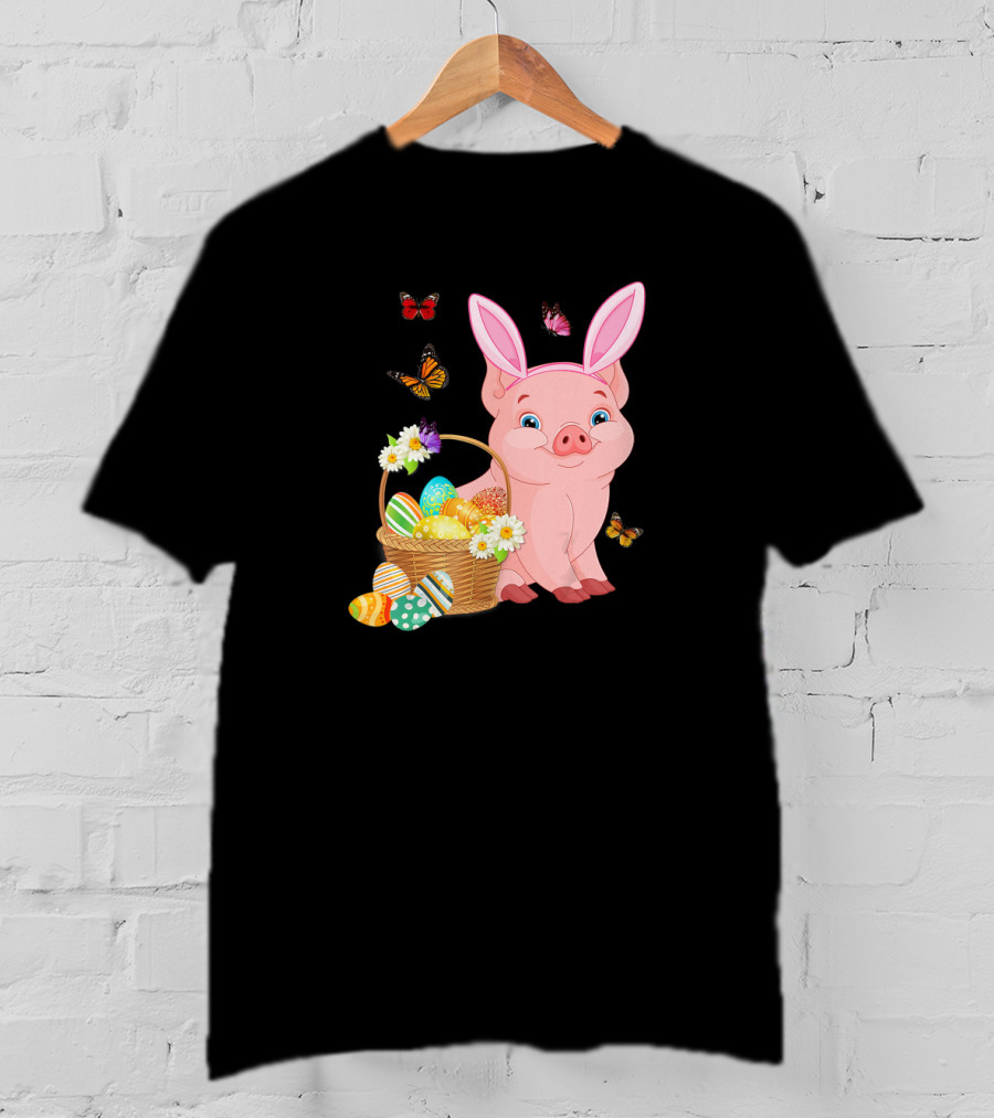 Pig Wearing Bunny Ears With Easter Egg Basket And Butterflies T-Shirt