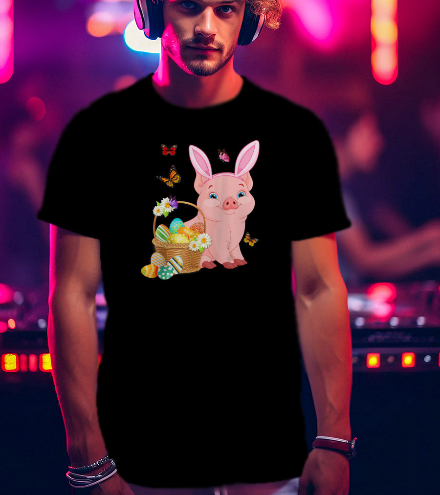 Pig Wearing Bunny Ears With Easter Egg Basket And Butterflies T-Shirt