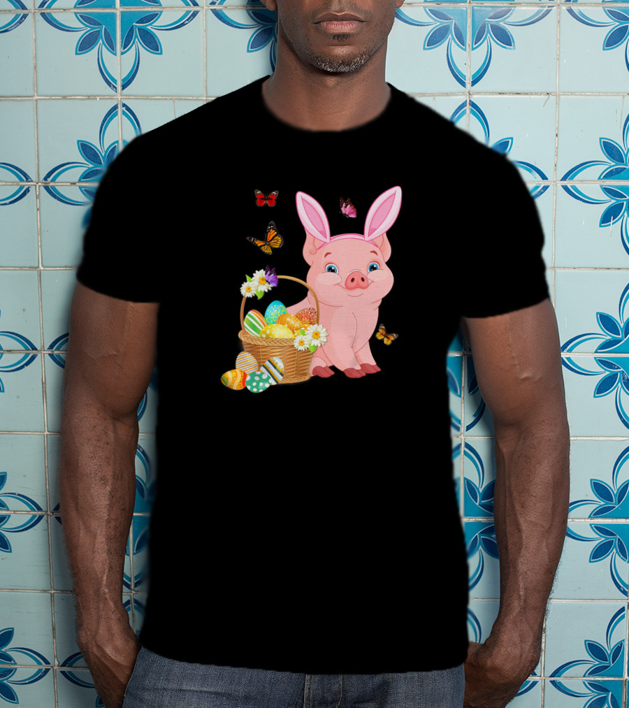 Pig Wearing Bunny Ears With Easter Egg Basket And Butterflies T-Shirt