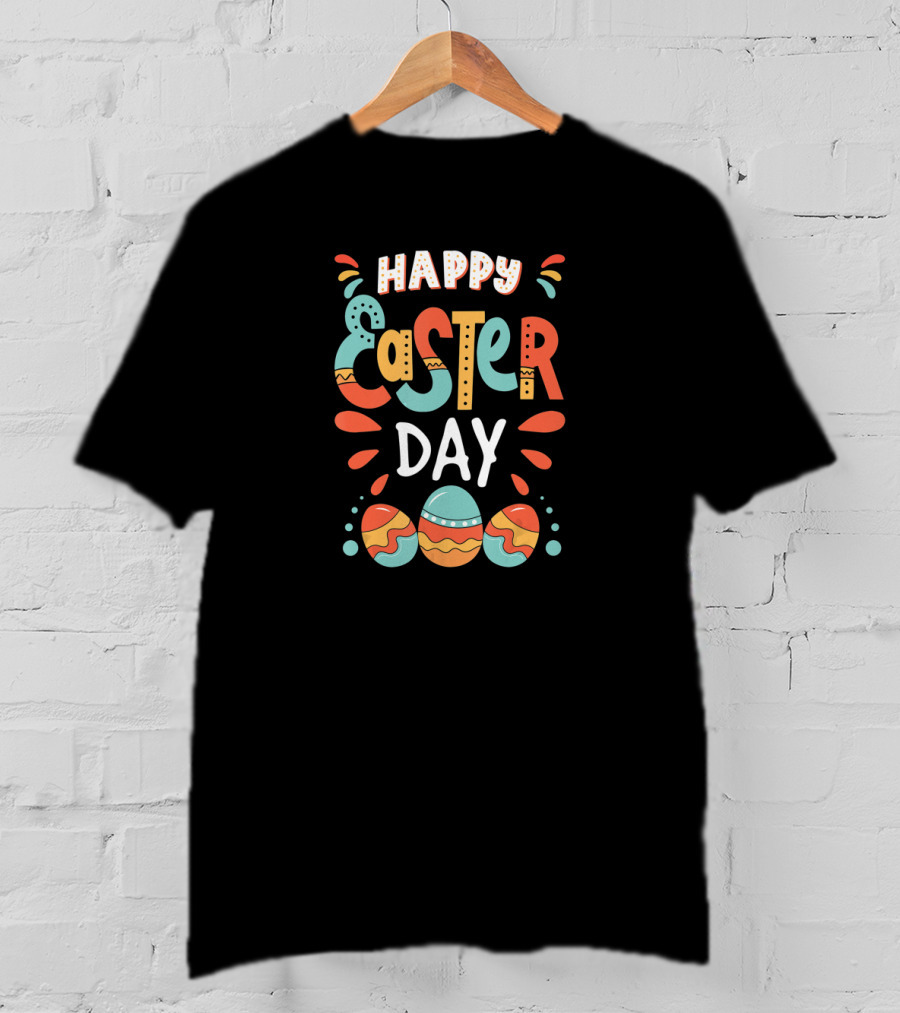 Happy Easter Day Colorful Eggs And Cute Bunny Details T-Shirt