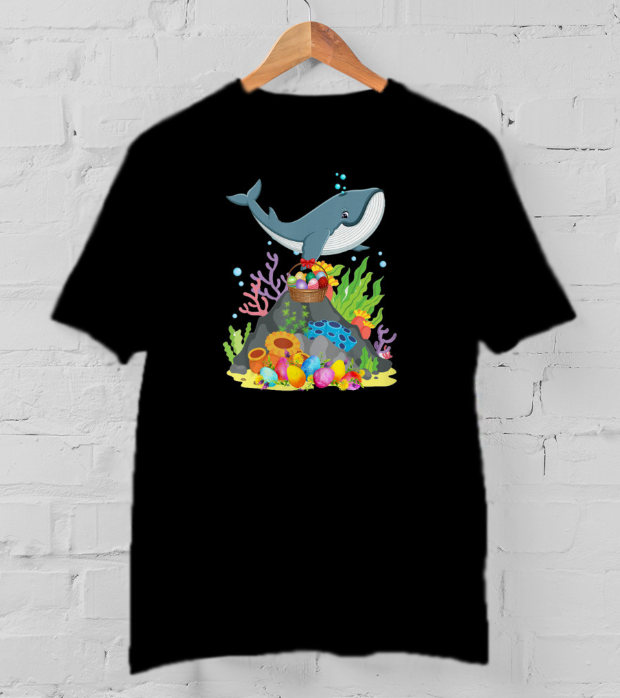 Whale Easter Day Funny Whale With Colorful Eggs And Coral Reef Scene T-Shirt