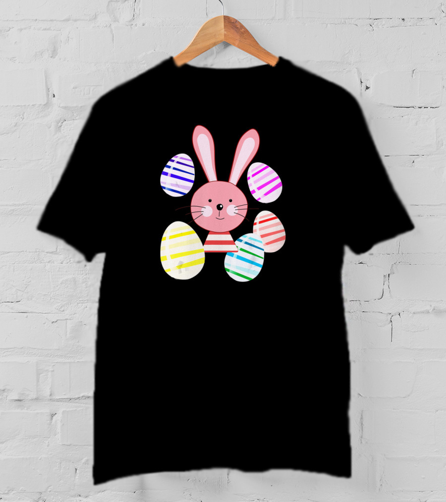 Happy Easter Bunny And Colorful Striped Easter Eggs T-Shirt