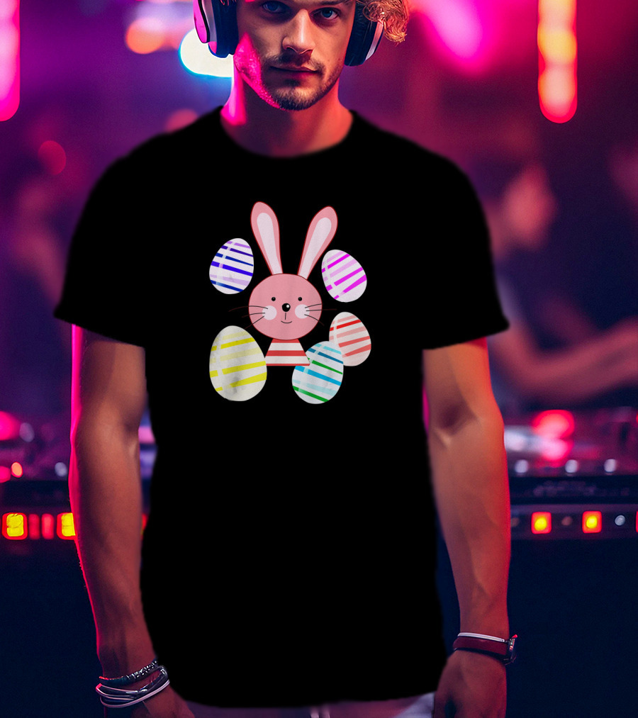 Happy Easter Bunny And Colorful Striped Easter Eggs T-Shirt