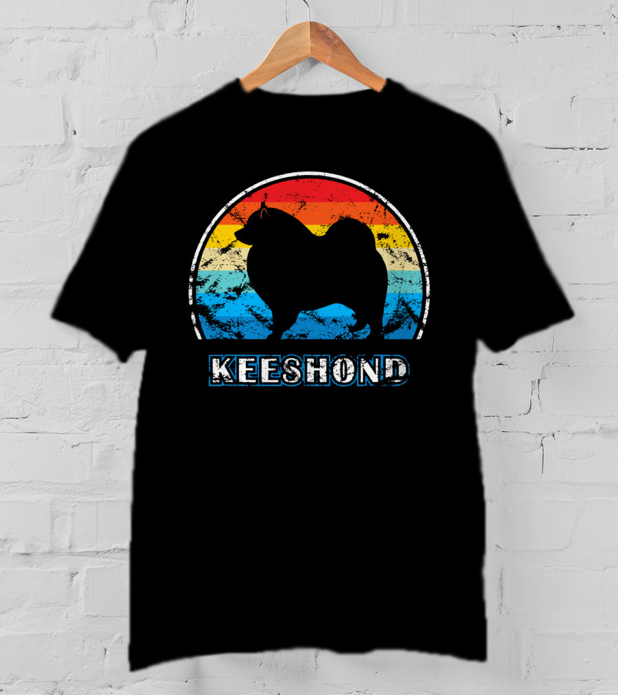 Keeshond Retro Silhouette Rainbow Stripes T-Shirt