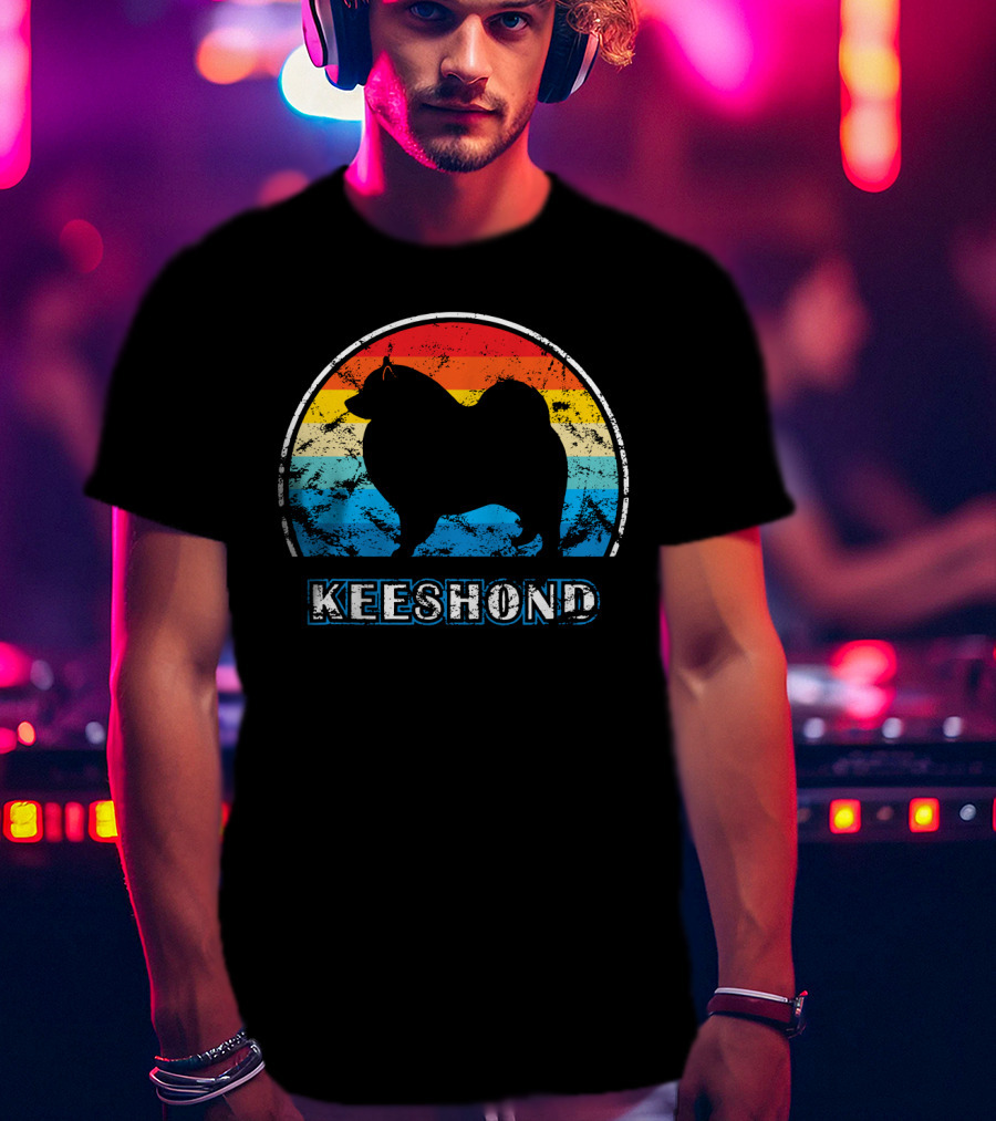 Keeshond Retro Silhouette Rainbow Stripes T-Shirt