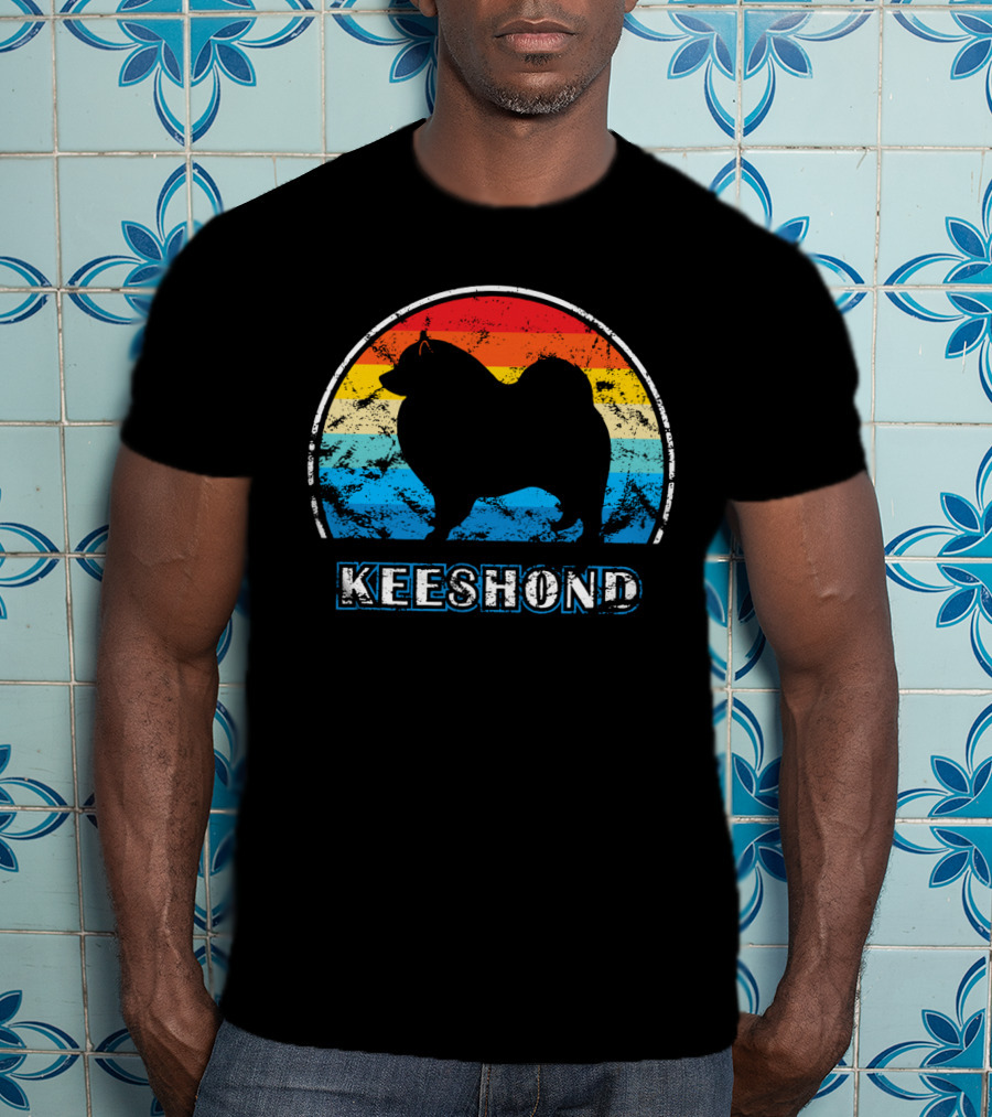 Keeshond Retro Silhouette Rainbow Stripes T-Shirt