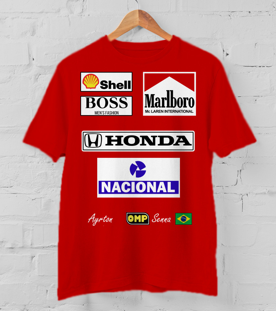 Shell Boss Marlboro McLaren Honda Nacional Ayrton Senna OMP Brazil Flag T-Shirt