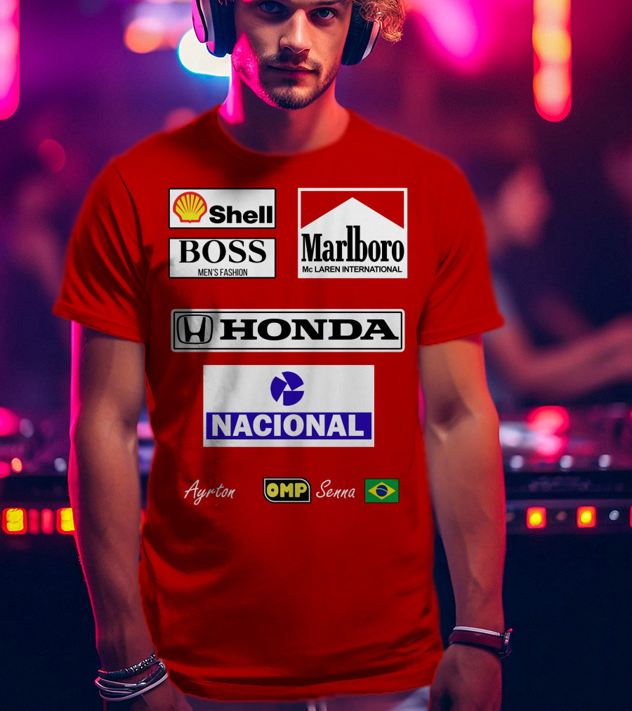 Shell Boss Marlboro McLaren Honda Nacional Ayrton Senna OMP Brazil Flag T-Shirt
