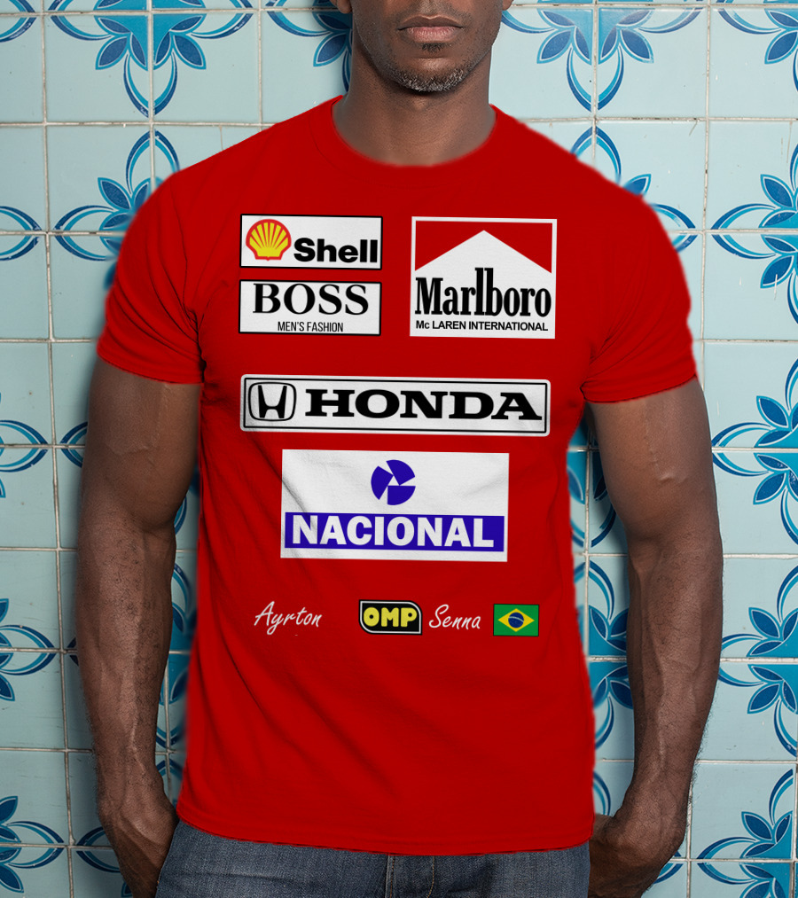 Shell Boss Marlboro McLaren Honda Nacional Ayrton Senna OMP Brazil Flag T-Shirt
