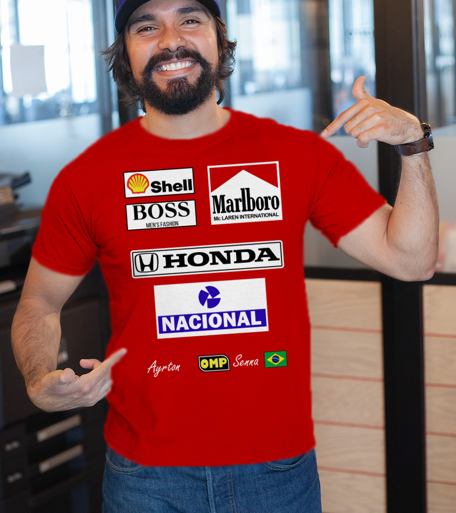 Shell Boss Marlboro McLaren Honda Nacional Ayrton Senna OMP Brazil Flag T-Shirt