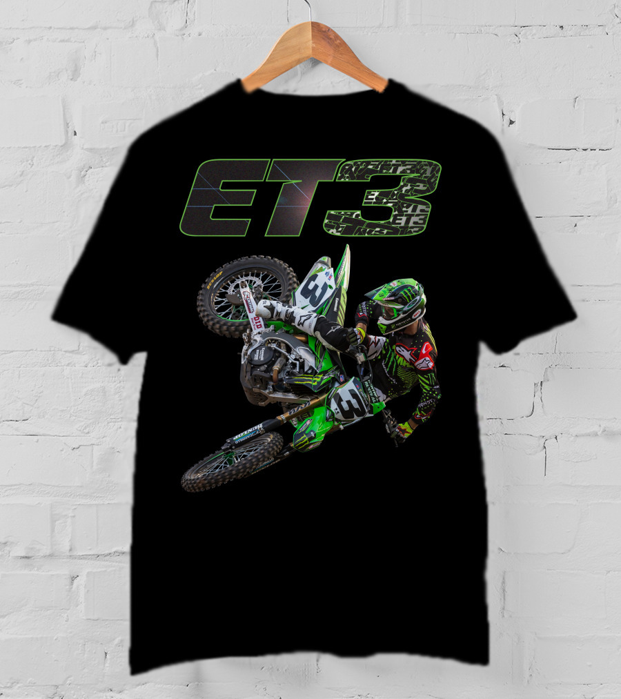 ET3 Motor Cross Rider In Action With Green Racing Gear T-Shirt