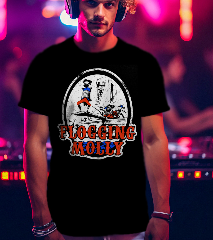 FLOGGING MOLLY Walk The Plank Pirate 7 Distressed Red And Blue T-Shirt