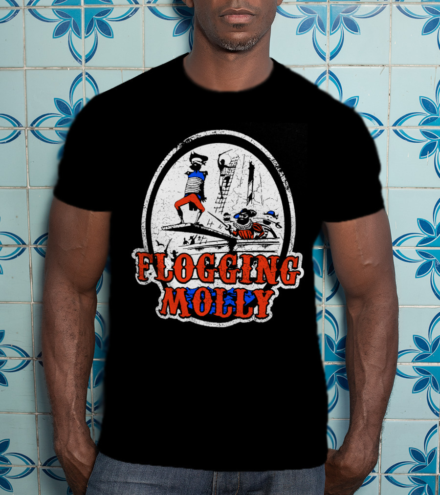 FLOGGING MOLLY Walk The Plank Pirate 7 Distressed Red And Blue T-Shirt