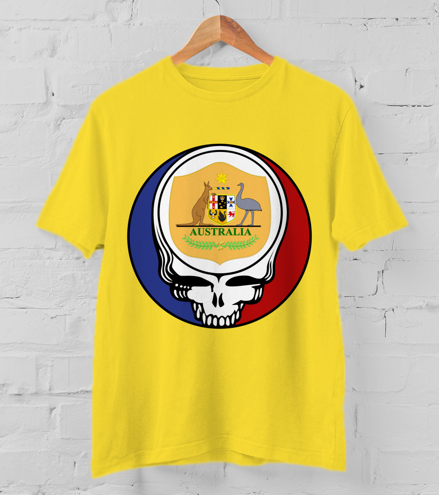 Australia National Football Team Grateful Dead Skull Emblem With Kangaroo And Emu Crest T-Shirt